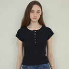 OURNOSTALGIA Vintage Snap henryneck t-shirt_Black(O25-TP12)