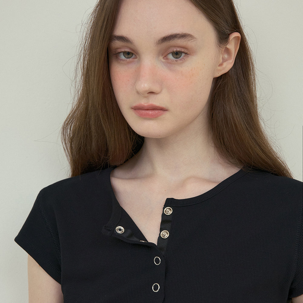 OURNOSTALGIA Vintage Snap henryneck t-shirt_Black(O25-TP12)