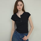 OURNOSTALGIA Vintage Snap henryneck t-shirt_Black(O25-TP12)
