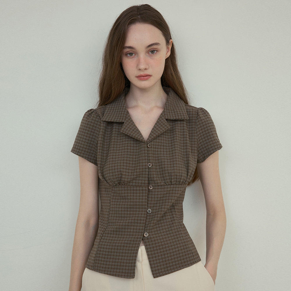 OURNOSTALGIA Fitted vintage check half shirt_Brown(O25-SH04)