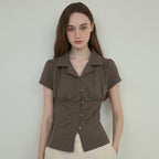 OURNOSTALGIA Fitted vintage check half shirt_Brown(O25-SH04)