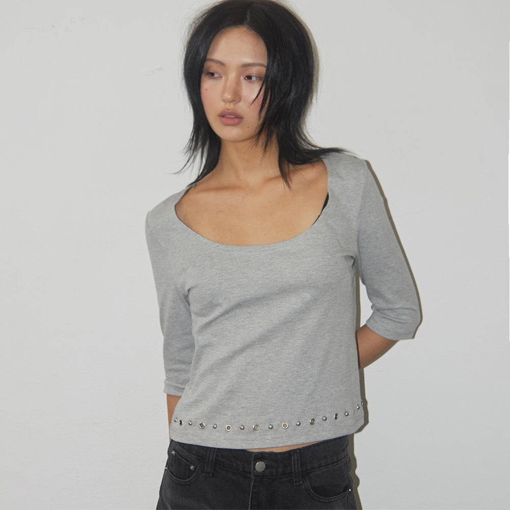 PLACE STUDIO Women's Soft Basic Boat U-Neck Stud Point 3/4 Sleeve T-Shirt _4COLOR
