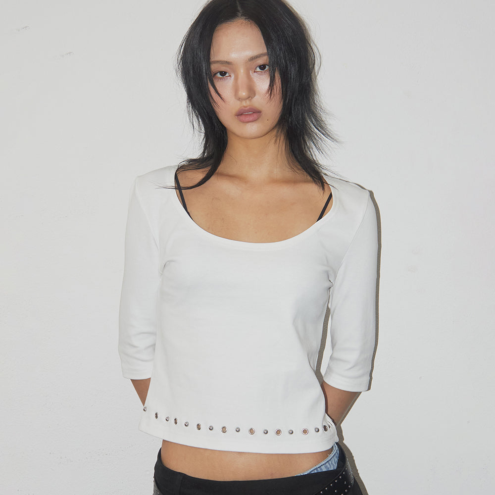 PLACE STUDIO Women's Soft Basic Boat U-Neck Stud Point 3/4 Sleeve T-Shirt _4COLOR