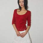PLACE STUDIO Women's Soft Basic Boat U-Neck Stud Point 3/4 Sleeve T-Shirt _4COLOR