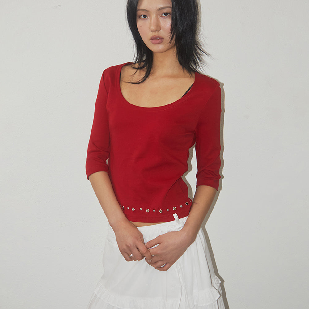 PLACE STUDIO Women's Soft Basic Boat U-Neck Stud Point 3/4 Sleeve T-Shirt _4COLOR