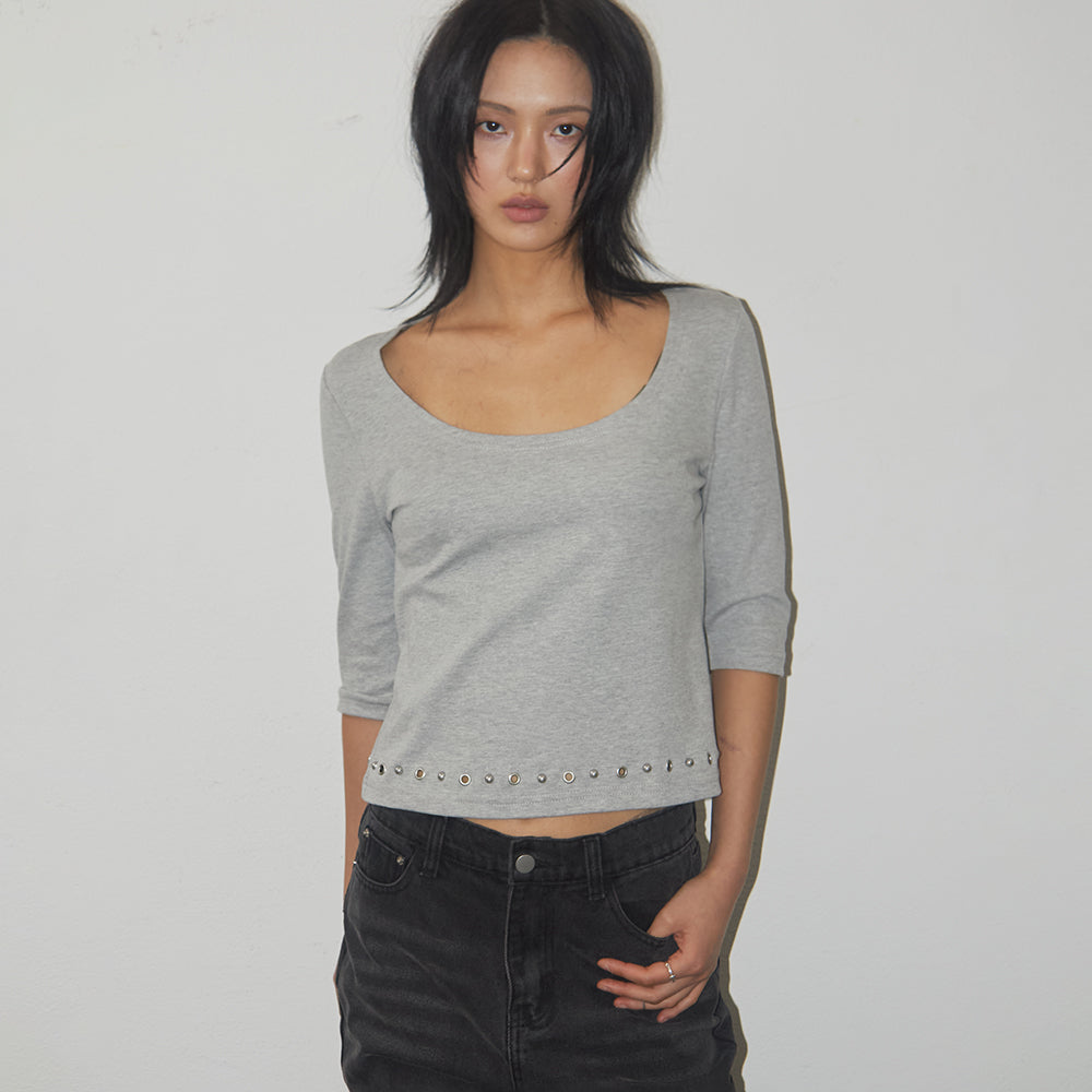 PLACE STUDIO Women's Soft Basic Boat U-Neck Stud Point 3/4 Sleeve T-Shirt _4COLOR
