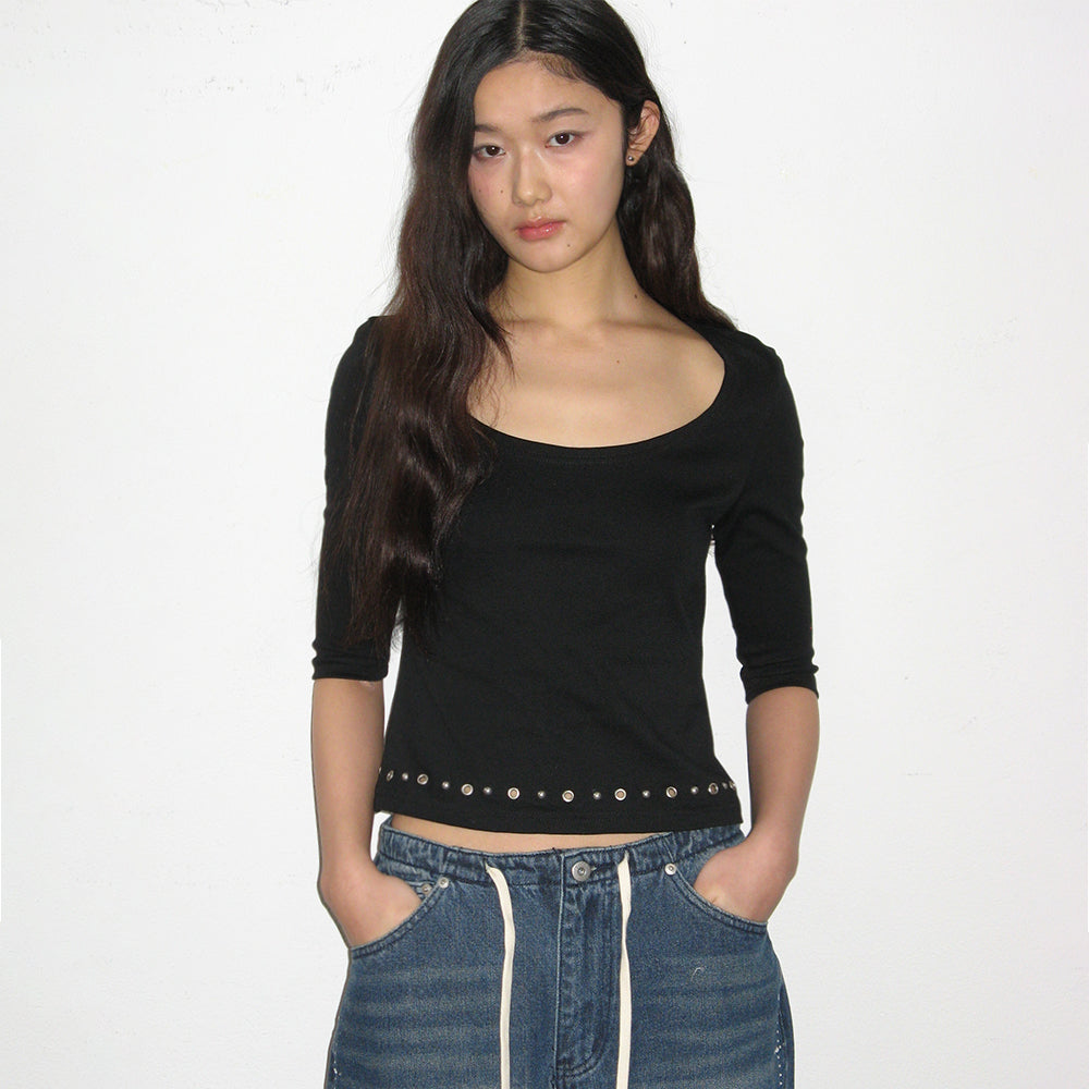 PLACE STUDIO Women's Soft Basic Boat U-Neck Stud Point 3/4 Sleeve T-Shirt _4COLOR