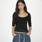 PLACE STUDIO Women's Soft Basic Boat U-Neck Stud Point 3/4 Sleeve T-Shirt _4COLOR