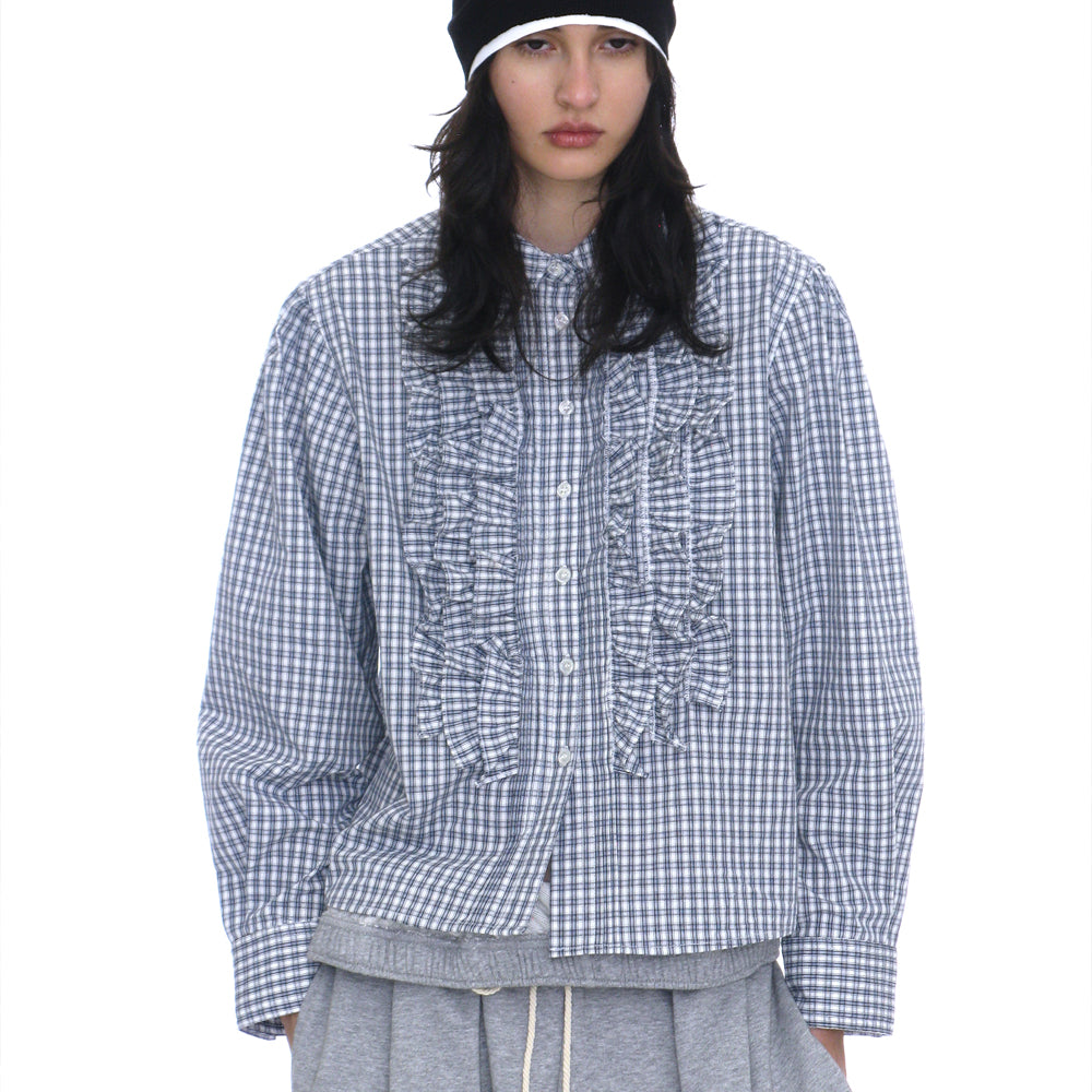 PARTIMENTO WOMEN COUNTRY RUFFLE-PINTUCK SHIRT_BLUE CHECK