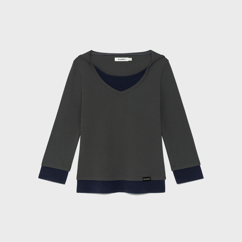 GLOWNY 3/4 LAYERED CONTRAST HOODIE (DEEP CHARCOAL)