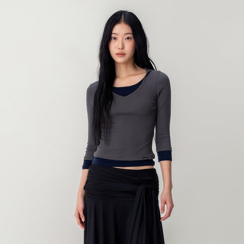 GLOWNY 3/4 LAYERED CONTRAST HOODIE (DEEP CHARCOAL)