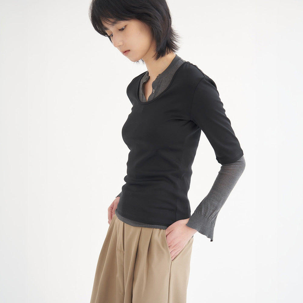 YJACK [joy PICK] W_Rib Slim Fit U Neck Half Sleeve T-Shirt LRT2039