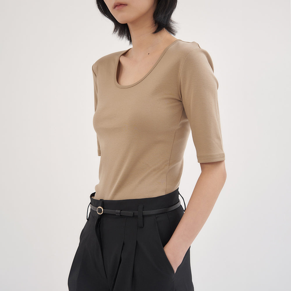 YJACK [joy PICK] W_Rib Slim Fit U Neck Half Sleeve T-Shirt LRT2039