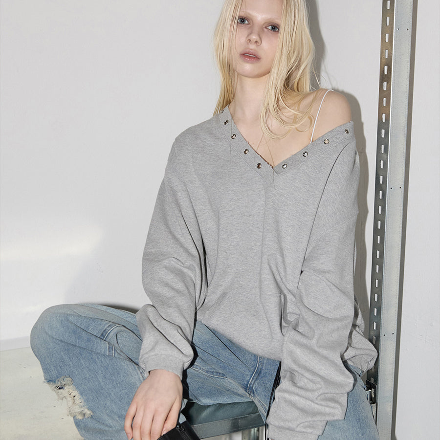 RENSE Damage Eyelet V-Neck Sweatshirt Melange Gray