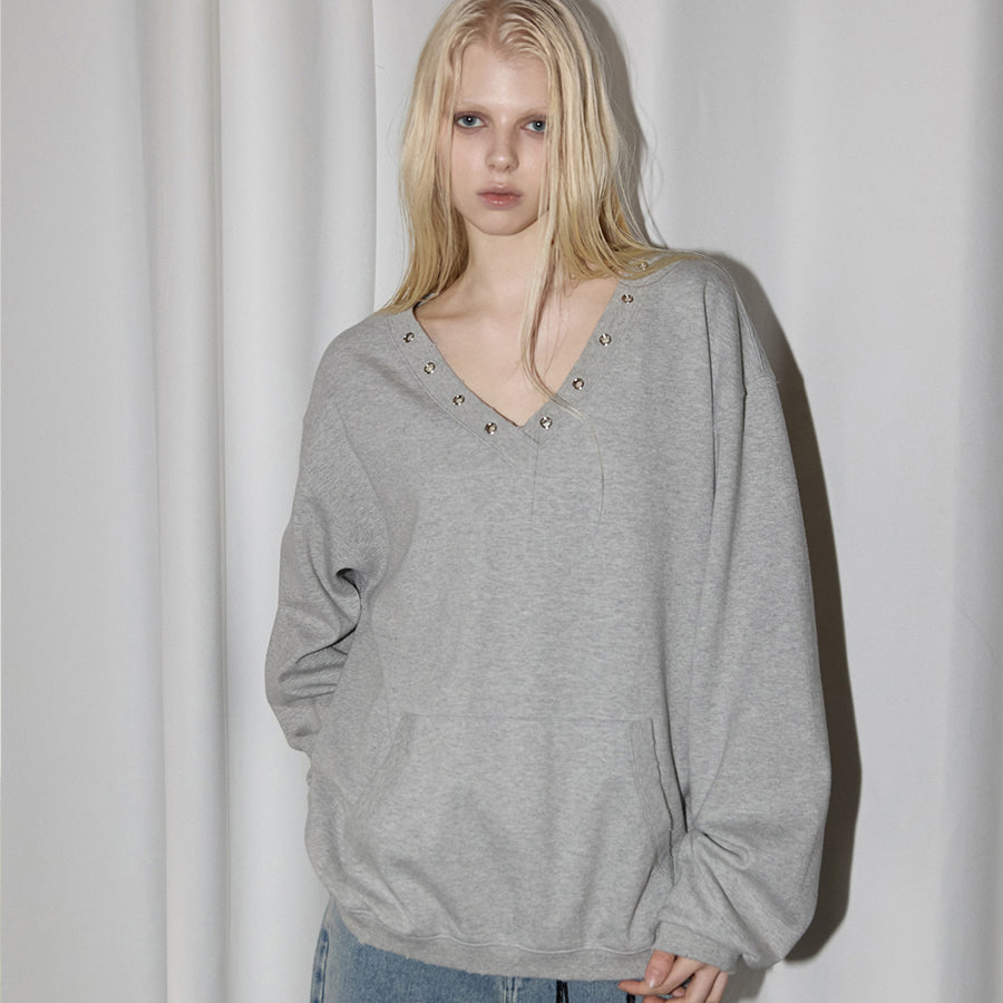 RENSE Damage Eyelet V-Neck Sweatshirt Melange Gray