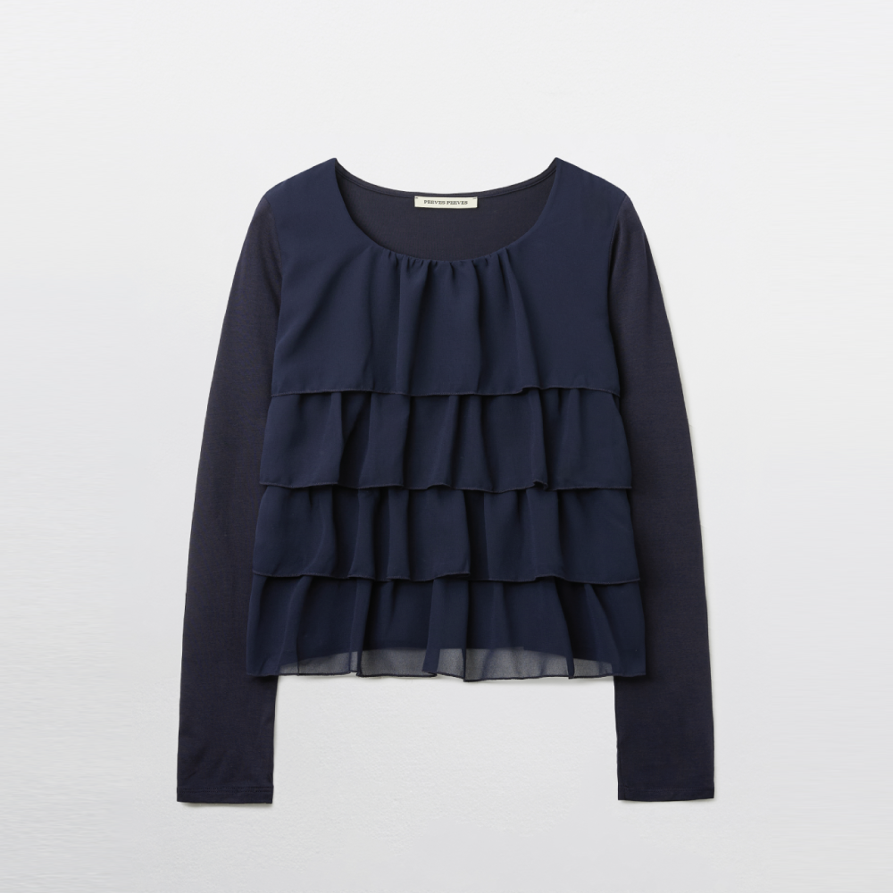 PEEVES PEEVES Tiered Ruffle Long Sleeve Top / Navy