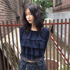 PEEVES PEEVES Tiered Ruffle Long Sleeve Top / Navy
