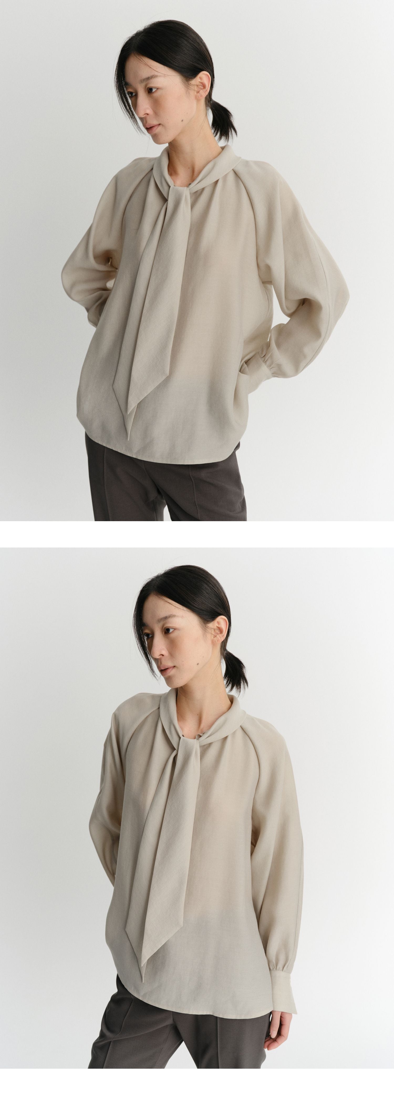 EAAH TIE SHIRRING BLOUSE (BEIGE)