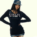 GILA ARCHIVE USA LOGO V NECK LONG SLEEVE_BLACK
