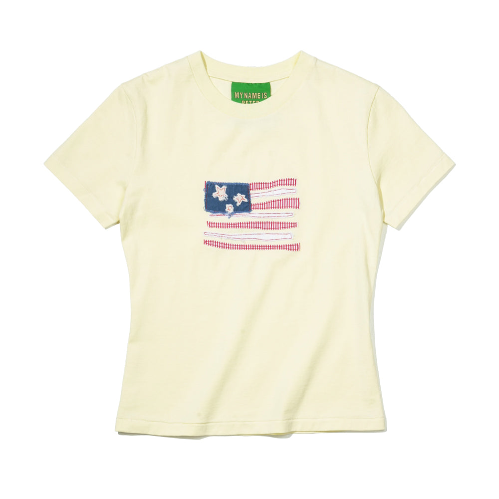 MY NAME IS PETER (W) USA FLAG APPLIQUE T-SHIRT - VINTAGE YELLOW