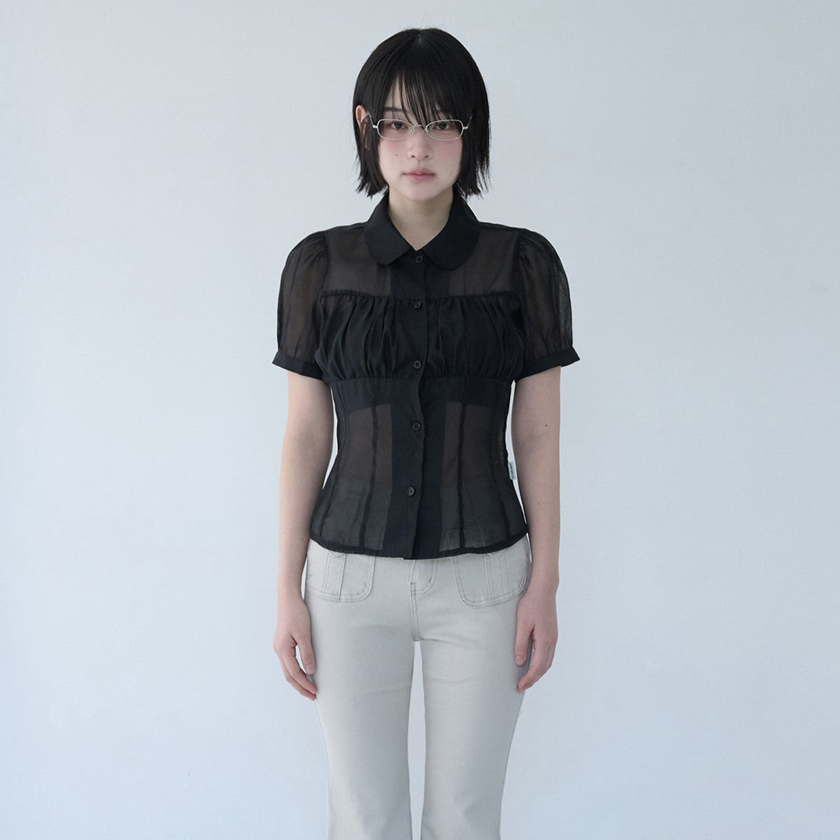 MIRECO SHIRRING SHEER BLOUSE BLACK