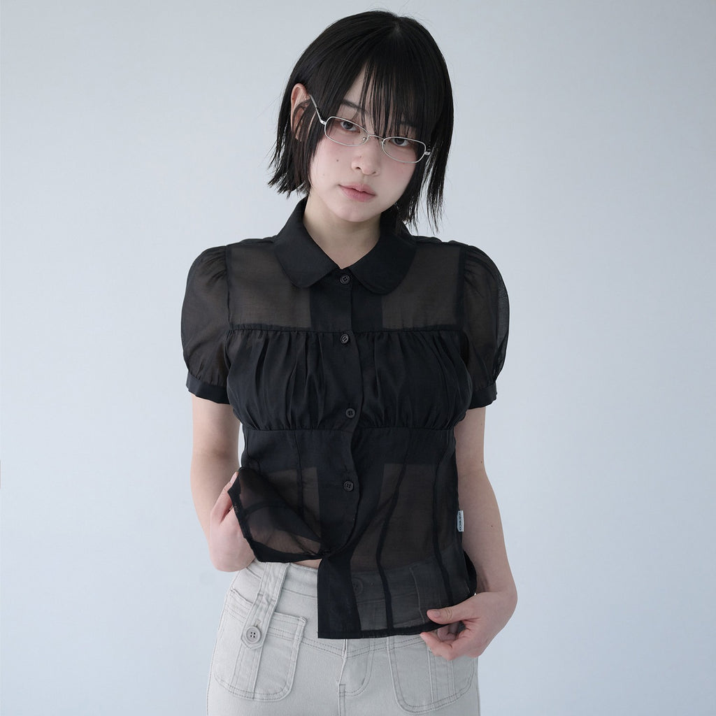 MIRECO SHIRRING SHEER BLOUSE BLACK