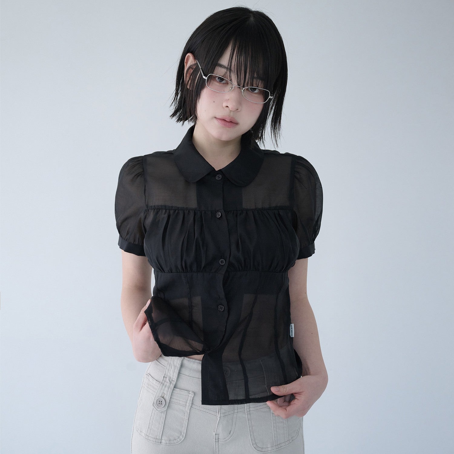 MIRECO SHIRRING SHEER BLOUSE BLACK