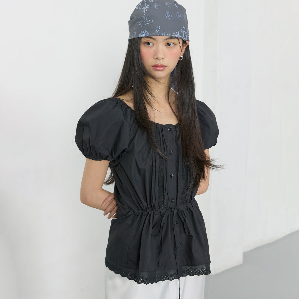 MICHIKO LONDON KOSHINO Puff Sleeve Lace Blouse Black