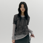 CACELE [4th REORDER] MESH DOT SHIRRED T-SHIRT, CHARCOAL