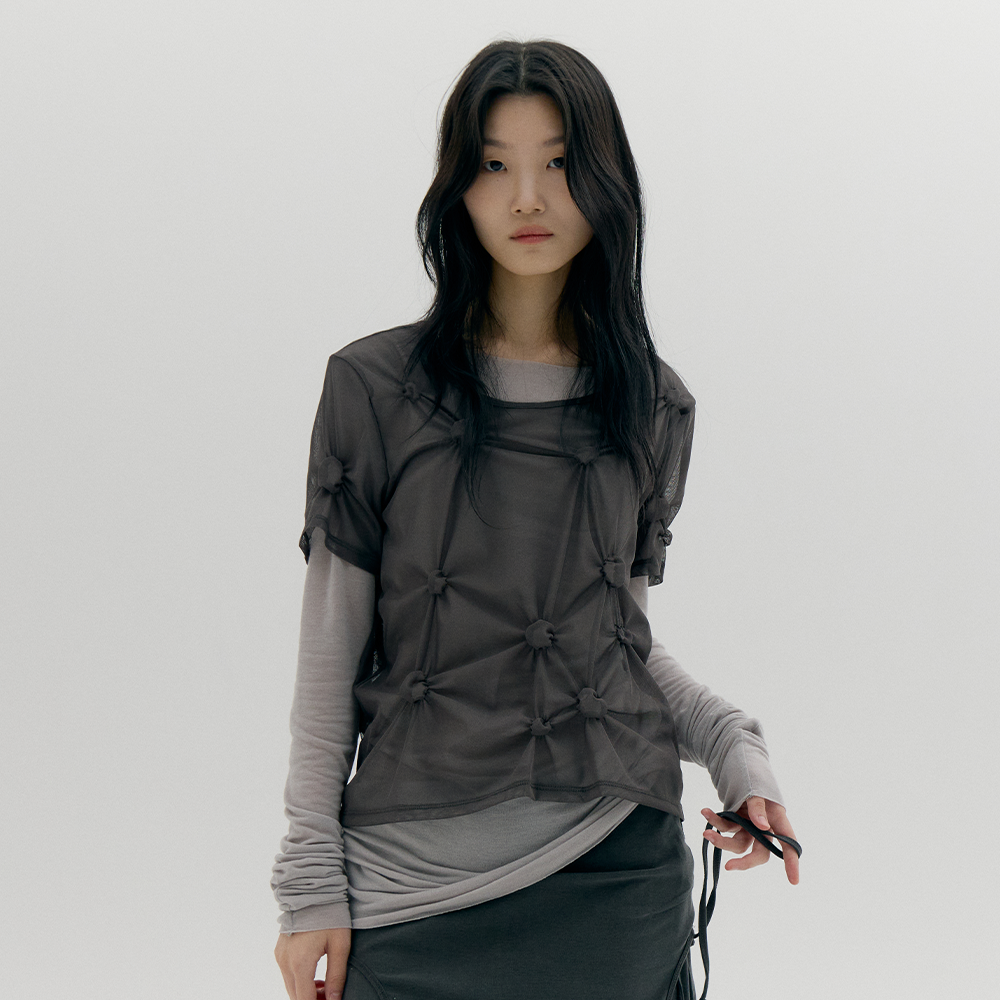 CACELE [4th REORDER] MESH DOT SHIRRED T-SHIRT, CHARCOAL