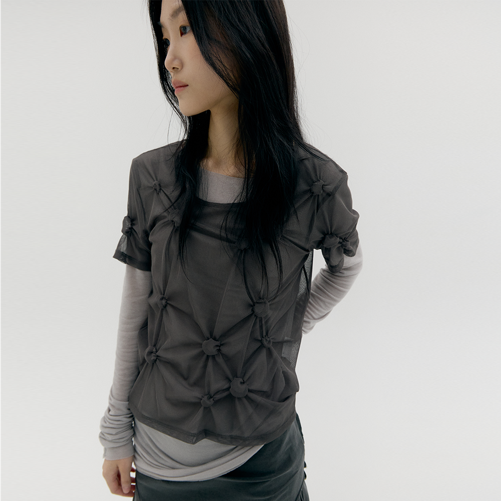 CACELE [4th REORDER] MESH DOT SHIRRED T-SHIRT, CHARCOAL