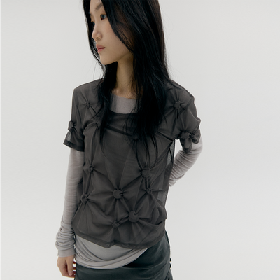 [4th REORDER] MESH DOT SHIRRED T-SHIRT, CHARCOAL