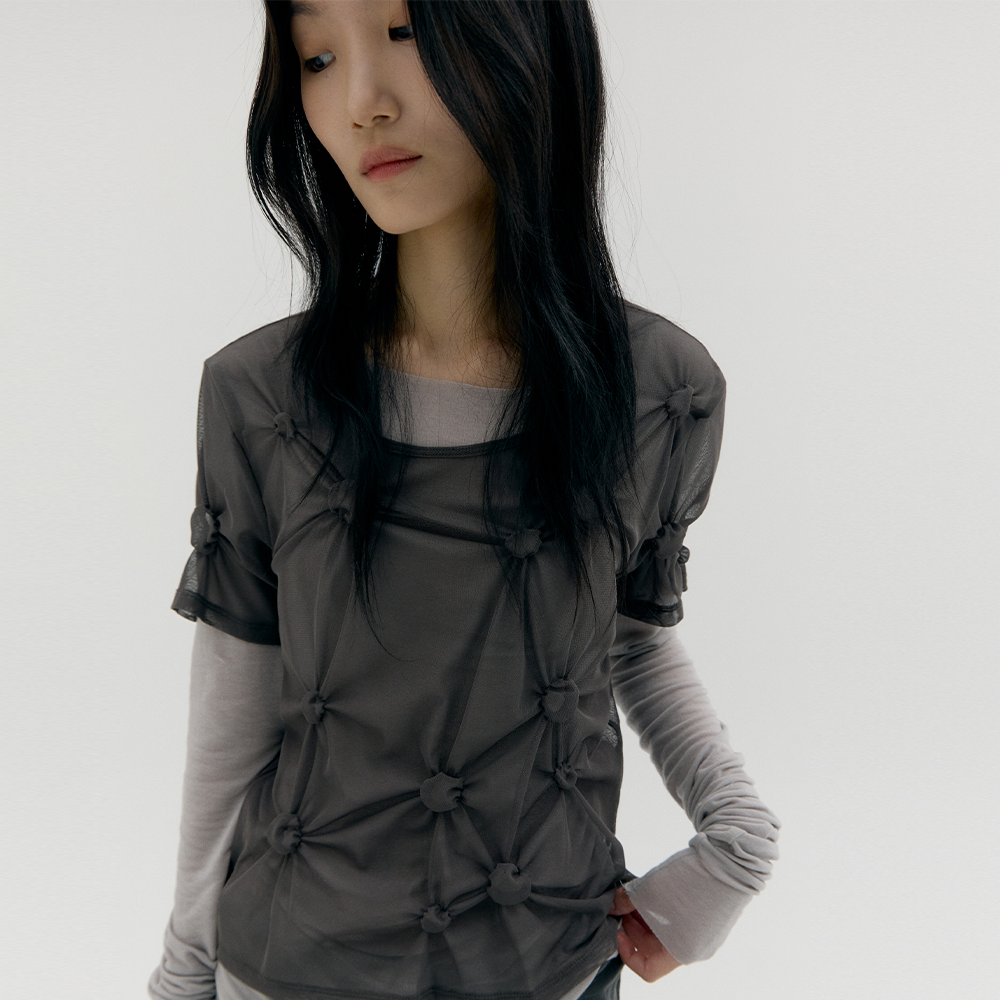 CACELE [4th REORDER] MESH DOT SHIRRED T-SHIRT, CHARCOAL