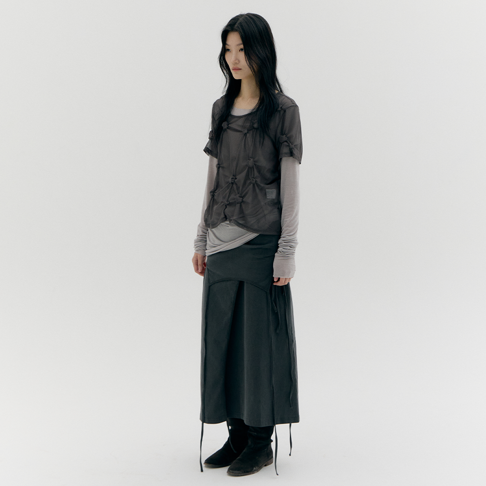 CACELE [4th REORDER] MESH DOT SHIRRED T-SHIRT, CHARCOAL