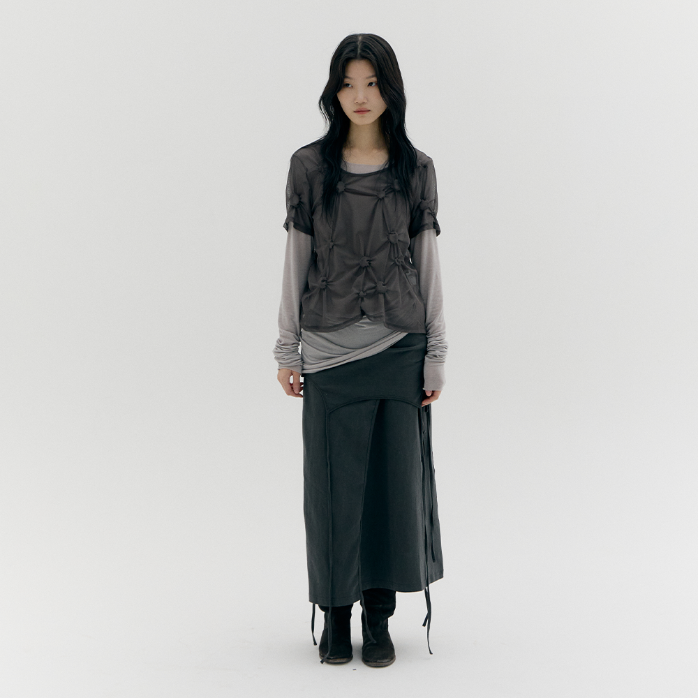 CACELE [4th REORDER] MESH DOT SHIRRED T-SHIRT, CHARCOAL