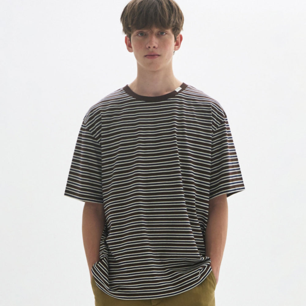 MOONSUN M.C UNISEX, Stripe Oversized T-Shirt / KHAKI BROWN STRIPE