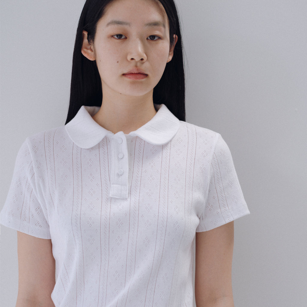 OHESHIO ROUND COLLAR JACQUARD PUNCHING TEE, WHITE