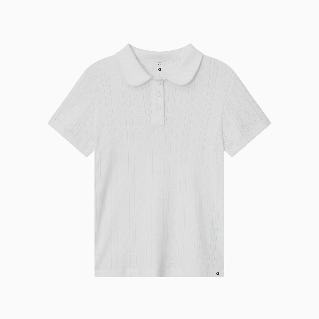OHESHIO ROUND COLLAR JACQUARD PUNCHING TEE, WHITE