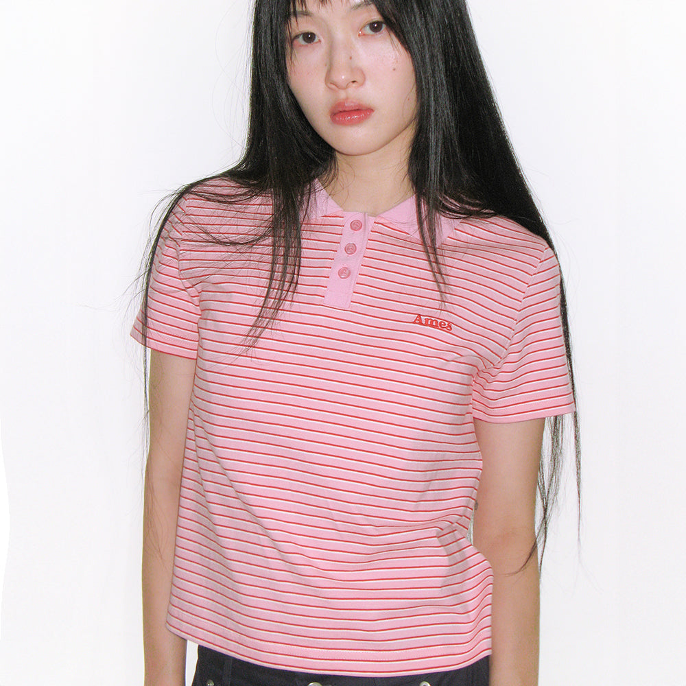 ames worldwide BASIC STRIPE COLLAR TEE PINK