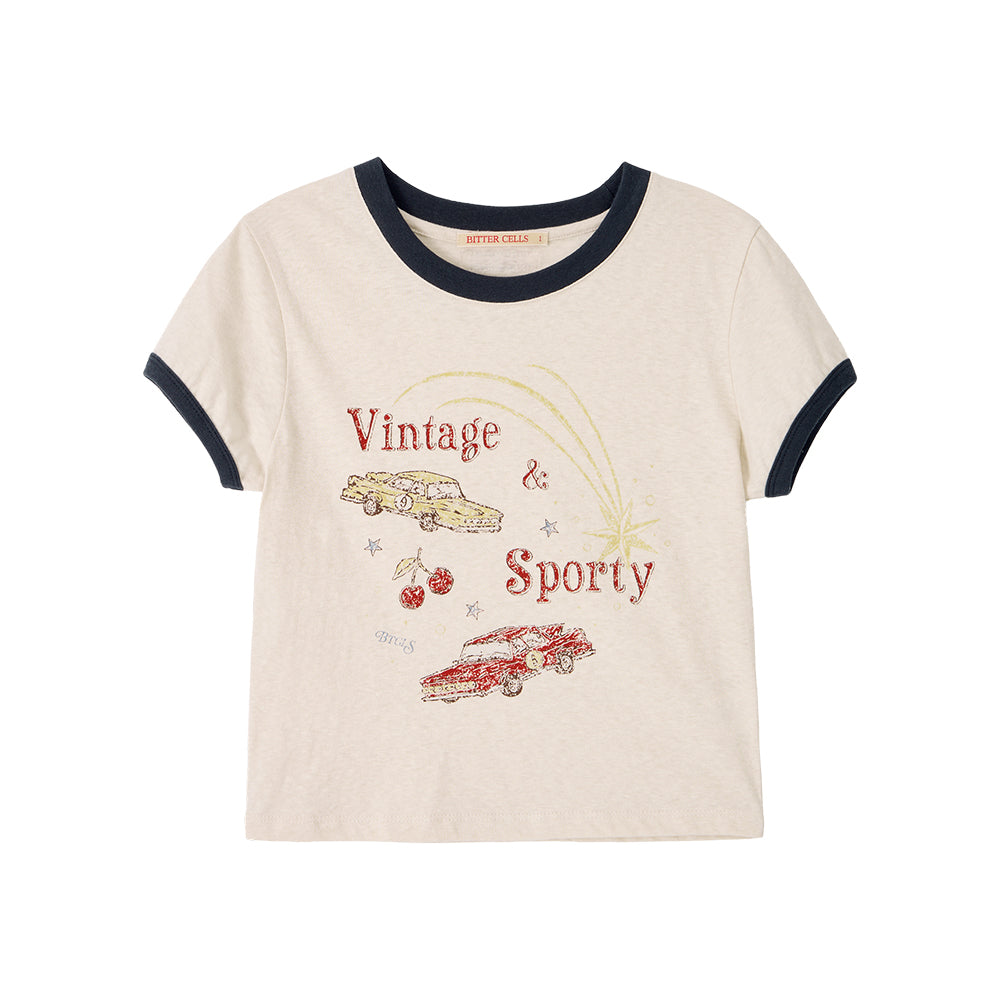 BITTERCELLS Vintage Car Ringer Tee-Cream