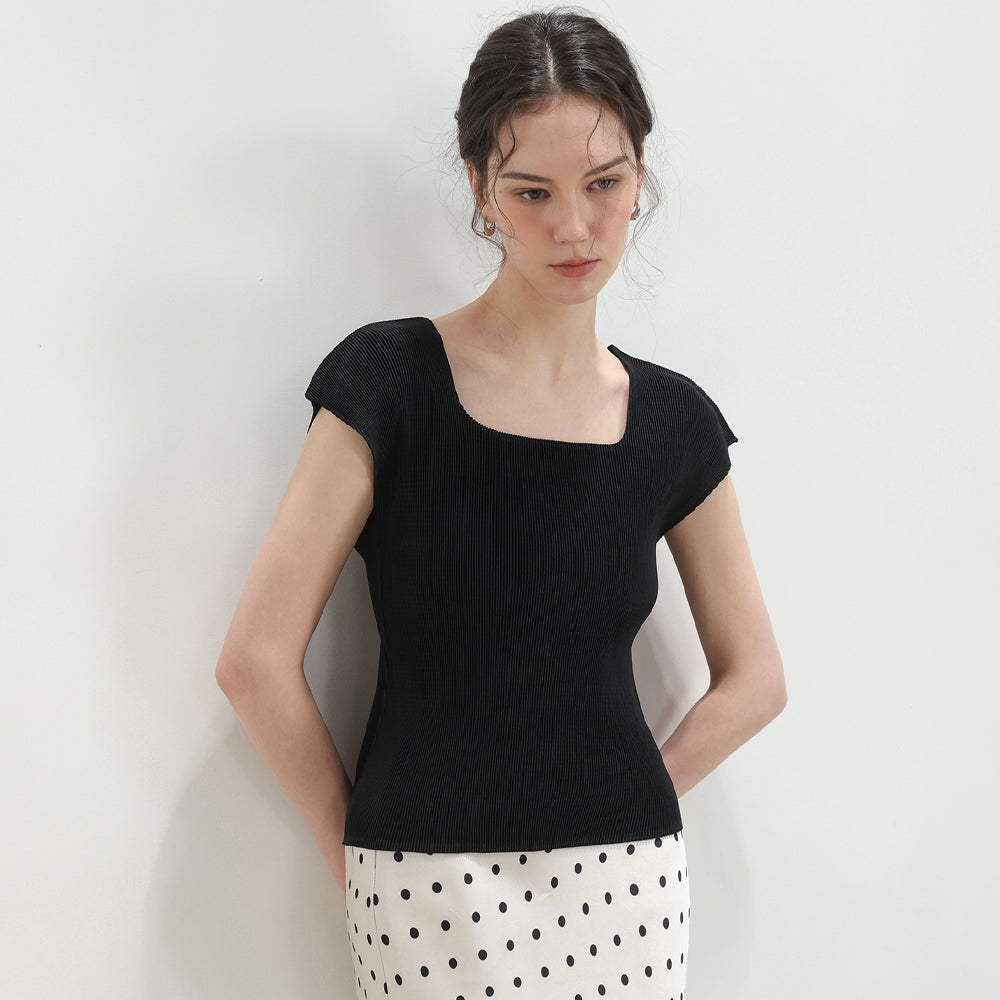 PLEATSMOOD Nora pleated cap sleeve top_black