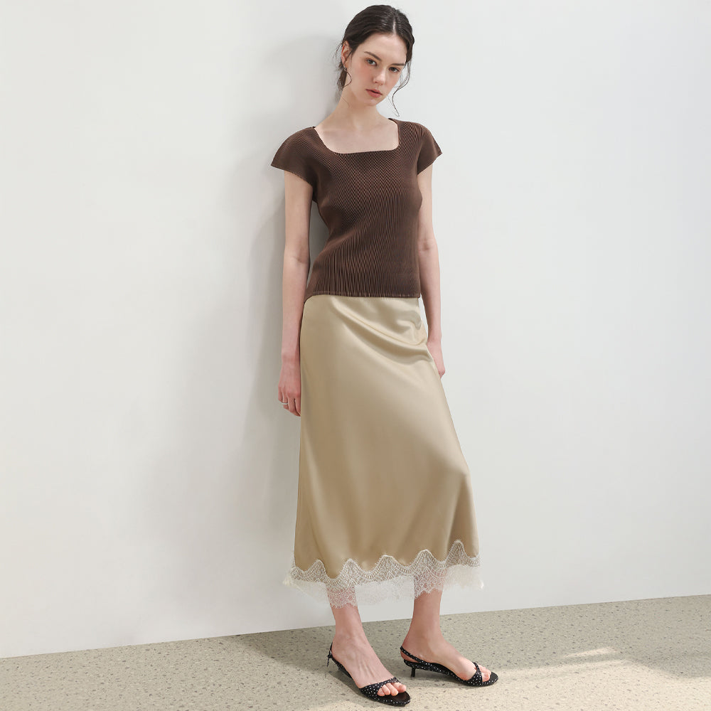 PLEATSMOOD Nora pleated cap sleeve top_brown