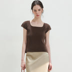 PLEATSMOOD Nora pleated cap sleeve top_brown