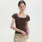 PLEATSMOOD Nora pleated cap sleeve top_brown