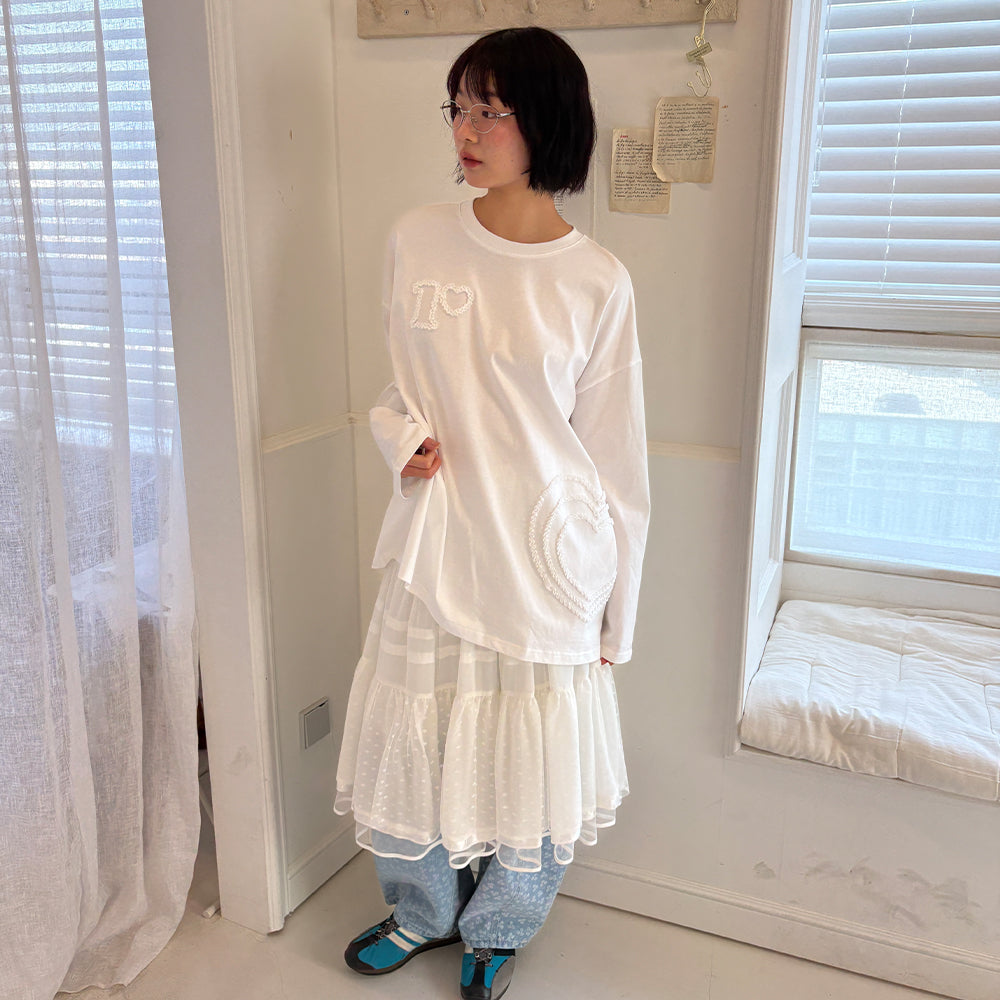 RONRON HEART EMBROIDERED LONG SLEEVE T SHIRT WHITE