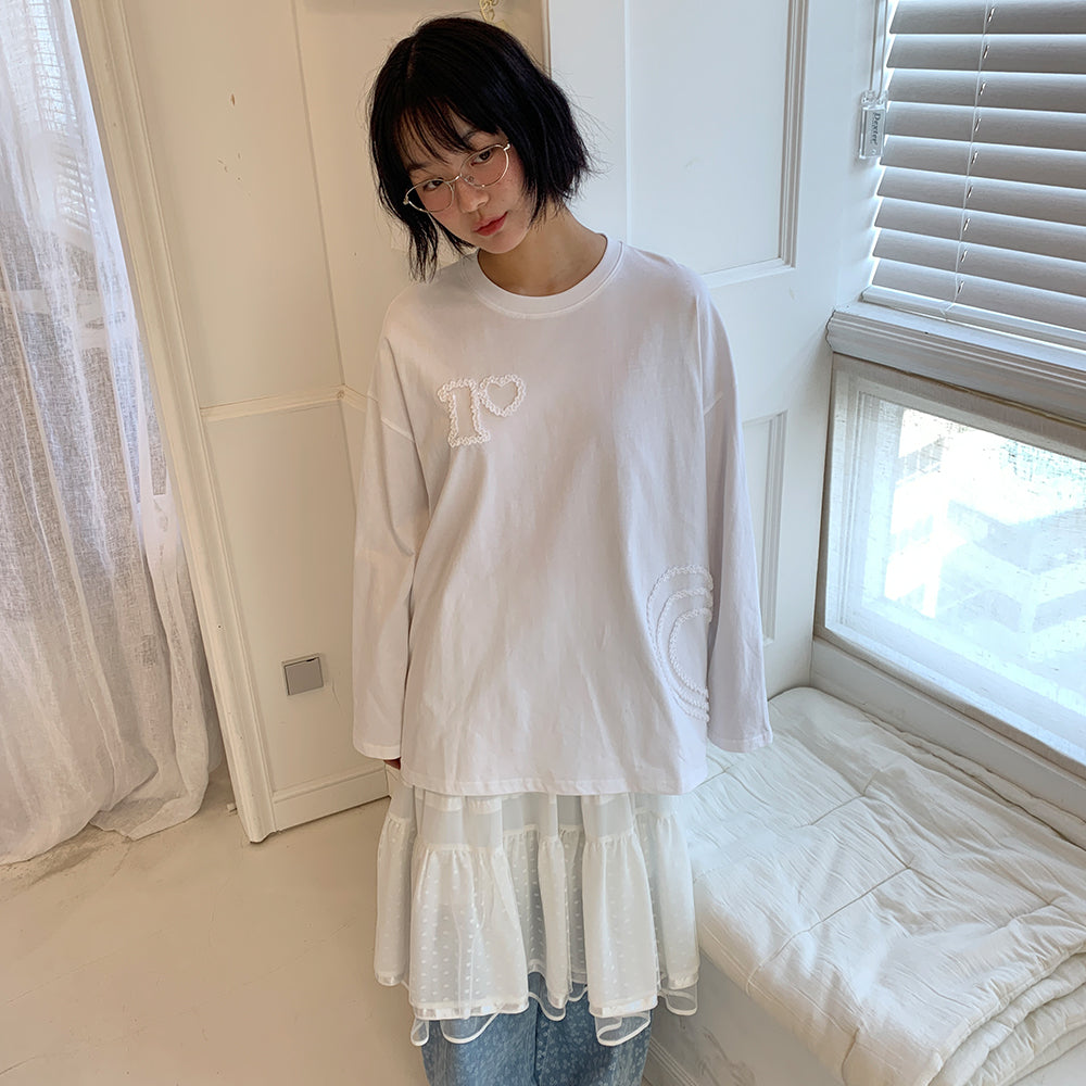 RONRON HEART EMBROIDERED LONG SLEEVE T SHIRT WHITE