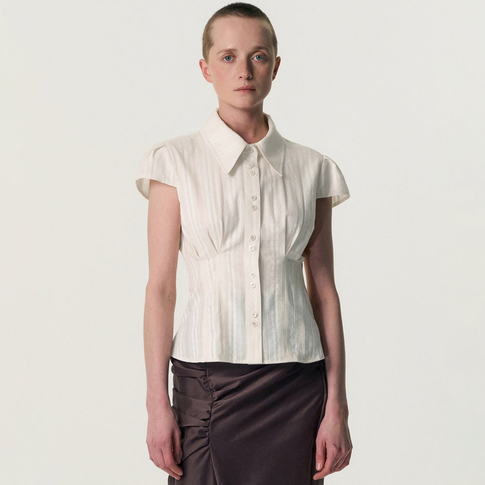 KIMZISU Double-Button Cap Sleeve Shirt_IVORY