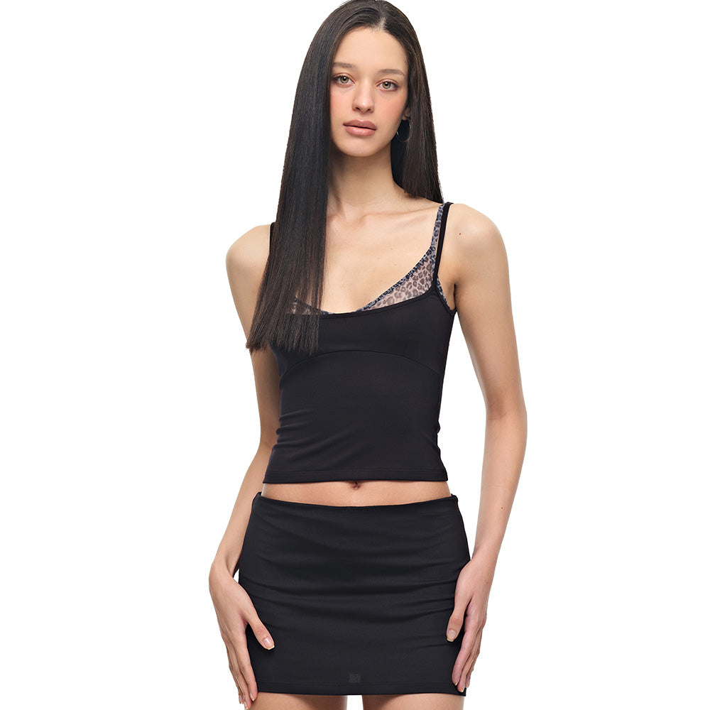 TOOMUCHTAX Bra Layered Sleeveless Top Lace Leopard Black
