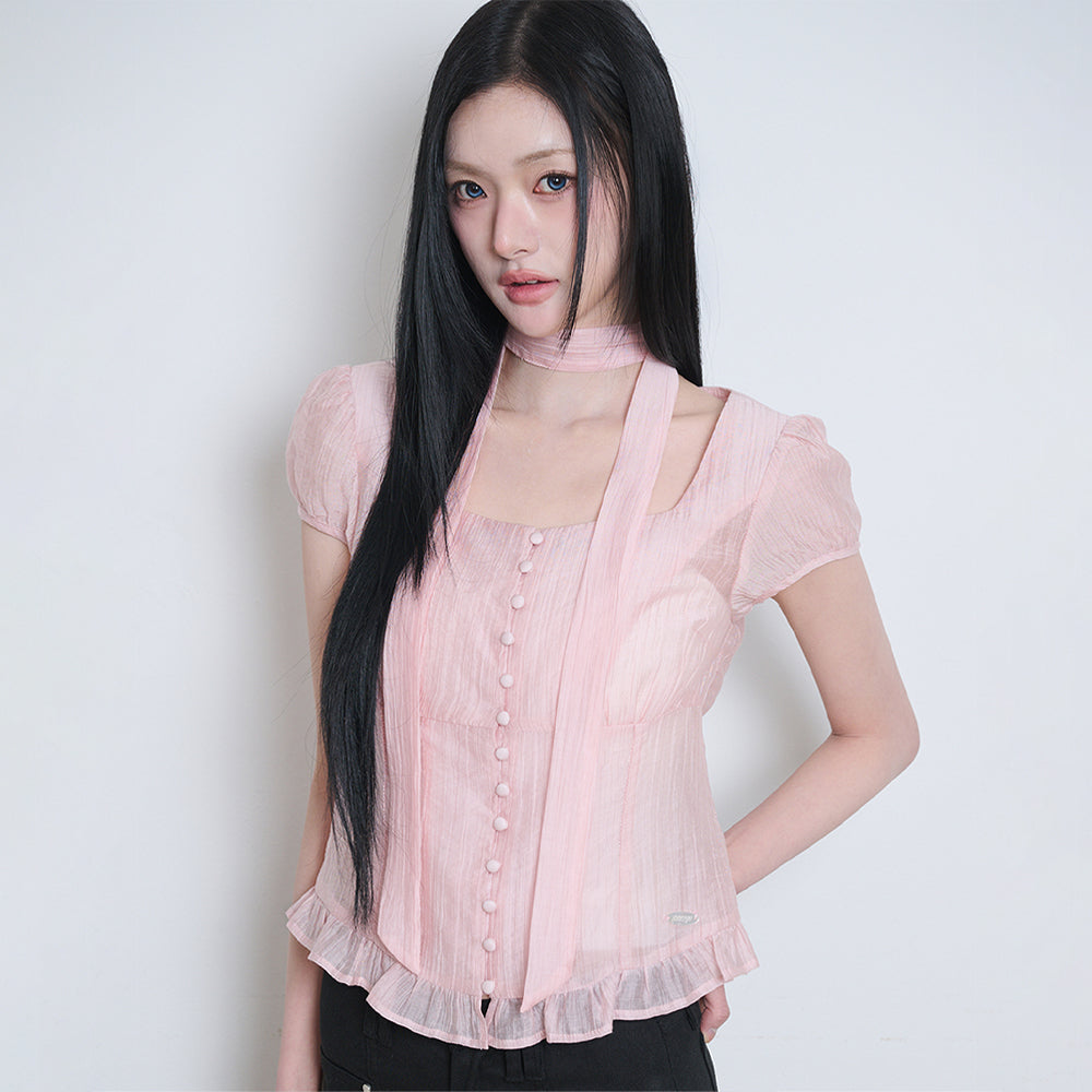 ILLIGO Ribbon tie square neck blouse pink