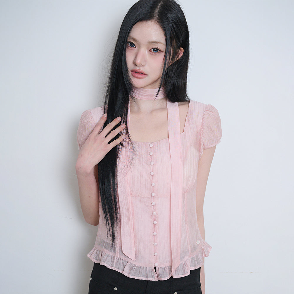 ILLIGO Ribbon tie square neck blouse pink
